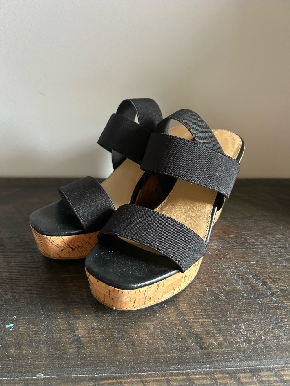 Limelight Black Elastic Strap Cork Wedge Sandals